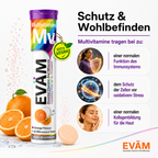 EVÄM Multivitamin mit Vitamin C und E für Immunsystem, Zellschutz und normale Kollagenbildung, Orange Brausetabletten.
