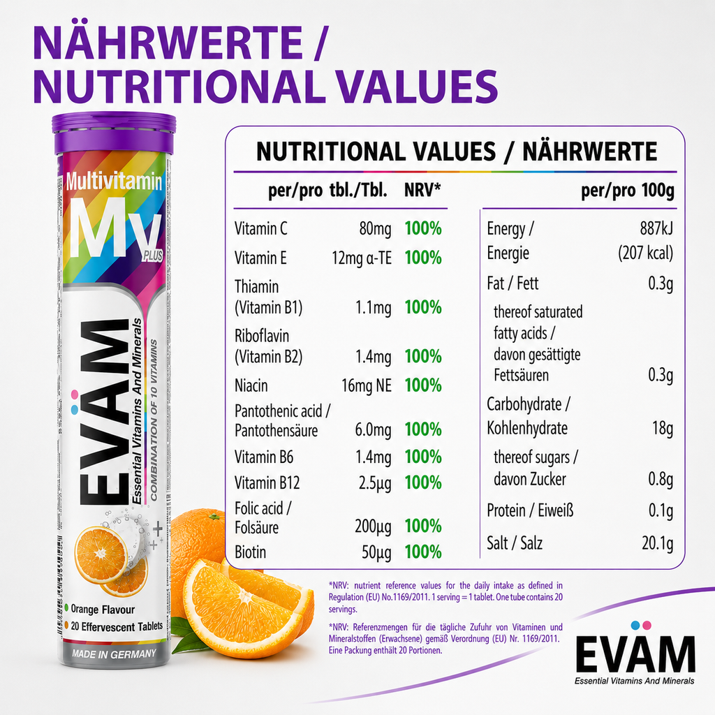 EVÄM Multivitamin Nährwerte mit 10 Vitaminen und 100% NRV pro Tablette, Orange Brausetabletten Made in Germany.