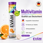 EVÄM Multivitamin Qualität aus Deutschland, 10 Vitamine pro Tablette, 20 Brausetabletten, vegan, Orange Flavour.