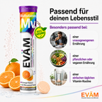 EVÄM Multivitamin Brausetabletten für unausgewogene, pflanzliche oder vegane Ernährung, Orange Flavour, Deutschland.