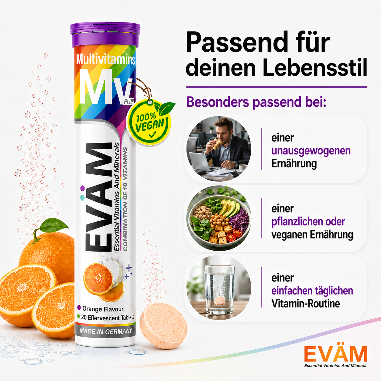 EVÄM Multivitamin Brausetabletten für unausgewogene, pflanzliche oder vegane Ernährung, Orange Flavour, Deutschland.
