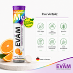 EVÄM Multivitamin Vorteile: 100% vegan, ohne Zuckerzusatz, glutenfrei, laktosefrei und leicht einzunehmen.