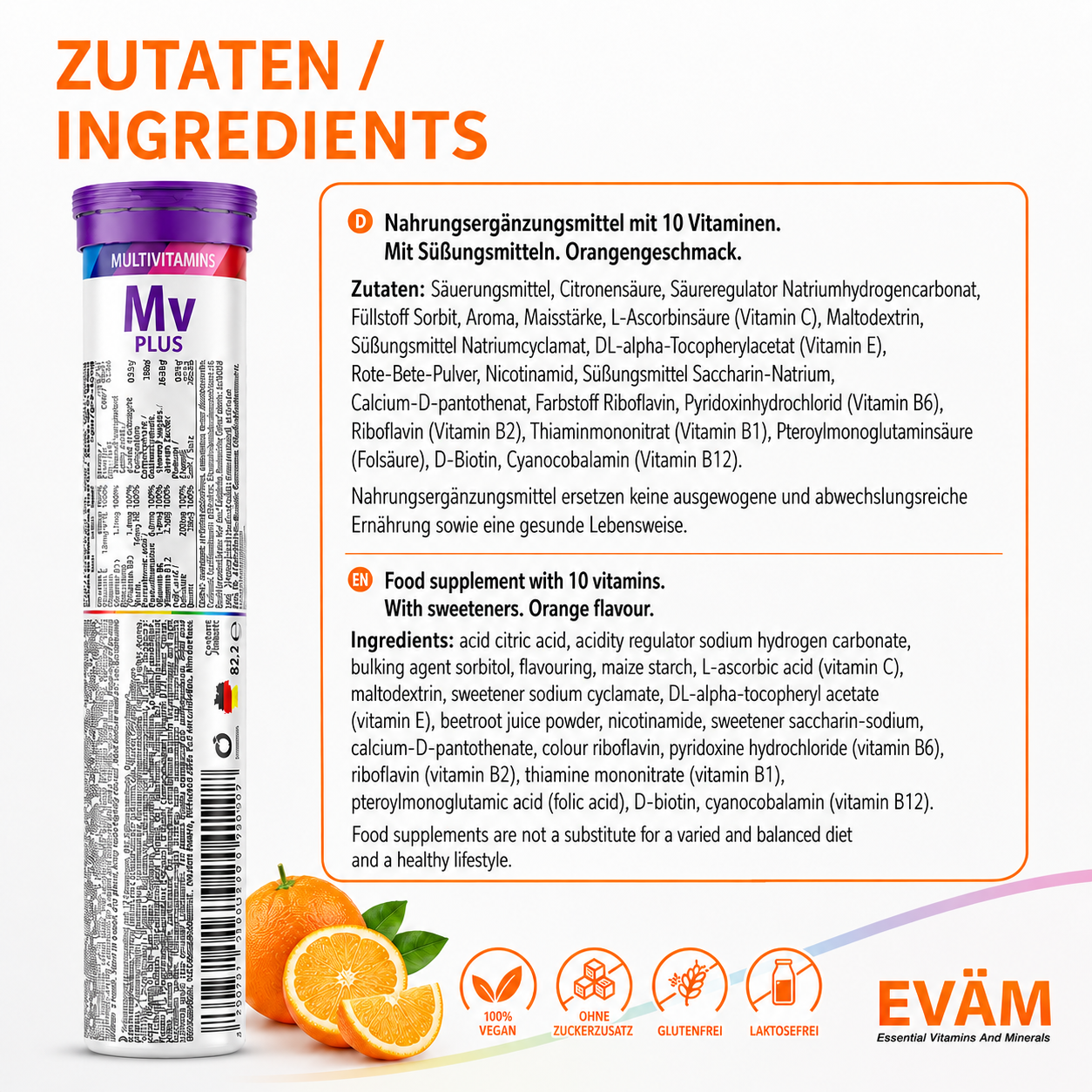 EVÄM Multivitamin Brausetabletten Orange mit Zutaten und Ingredients Übersicht, 10 Vitamine, vegan, Made in Germany.