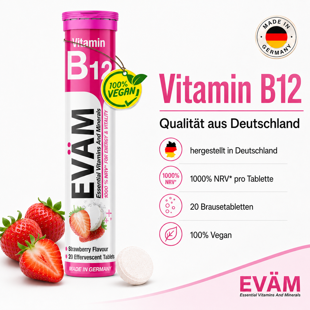 EVÄM Vitamin B12 Brausetabletten mit Erdbeergeschmack, 1000% NRV pro Tablette, 20 Tabletten, hergestellt in Deutschland
