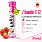 EVÄM Vitamin B12 Brausetabletten mit Erdbeergeschmack, 1000% NRV pro Tablette, 20 Tabletten, hergestellt in Deutschland