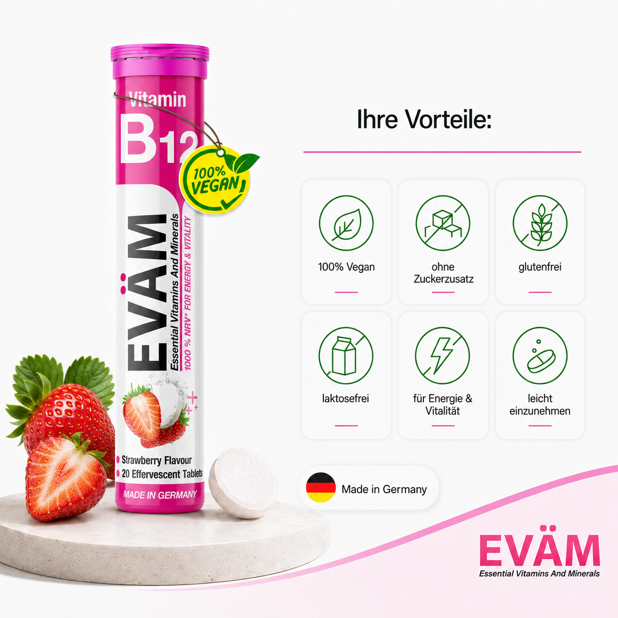 EVÄM Vitamin B12 Brausetabletten Vorteile: 100% vegan, ohne Zuckerzusatz, glutenfrei, laktosefrei, für Energie und Vitalität, leicht einzunehmen und Made in Germany