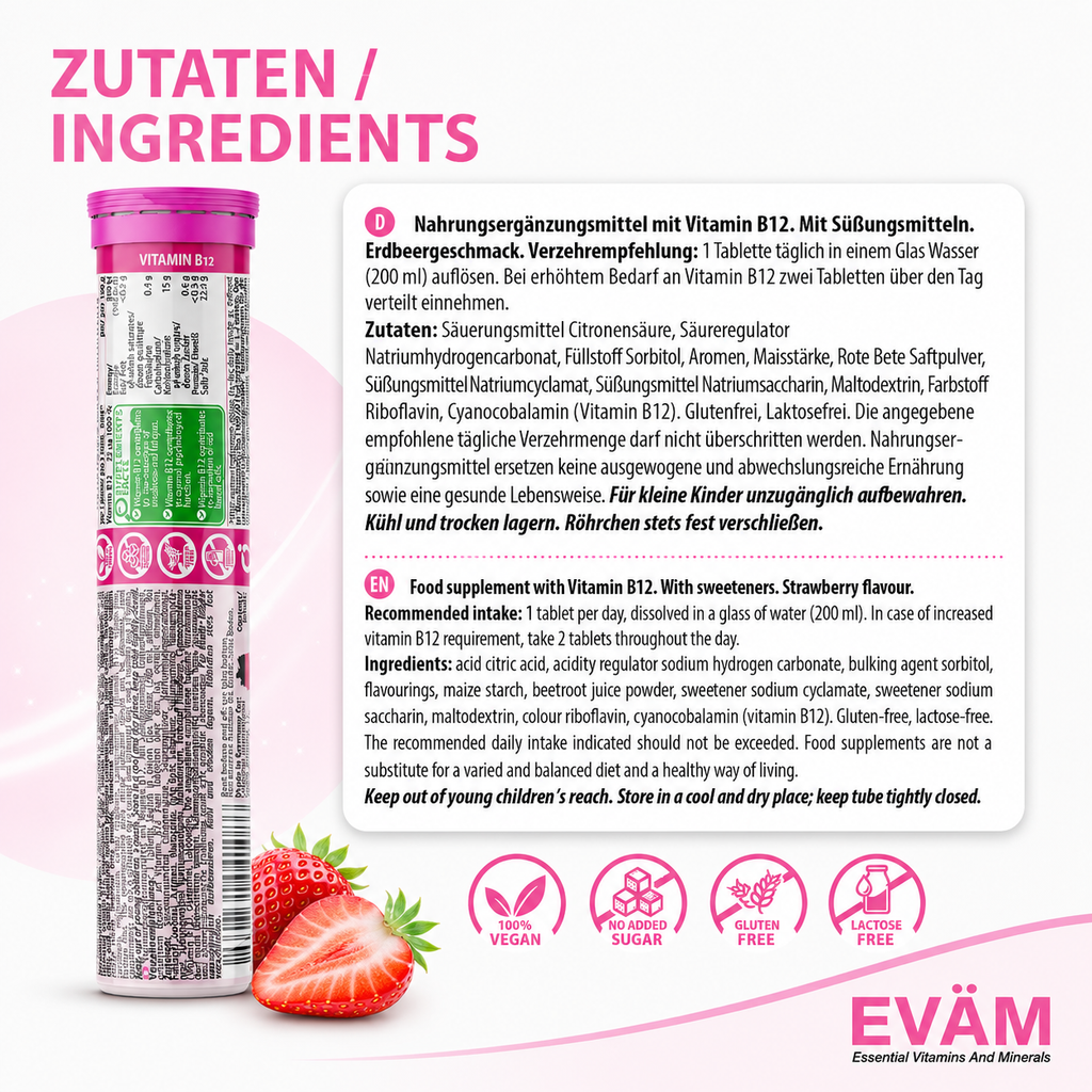 EVÄM Vitamin B12 Brausetabletten Zutaten und Inhaltsstoffe mit Erdbeergeschmack, 100% vegan, ohne Zuckerzusatz, glutenfrei und laktosefrei