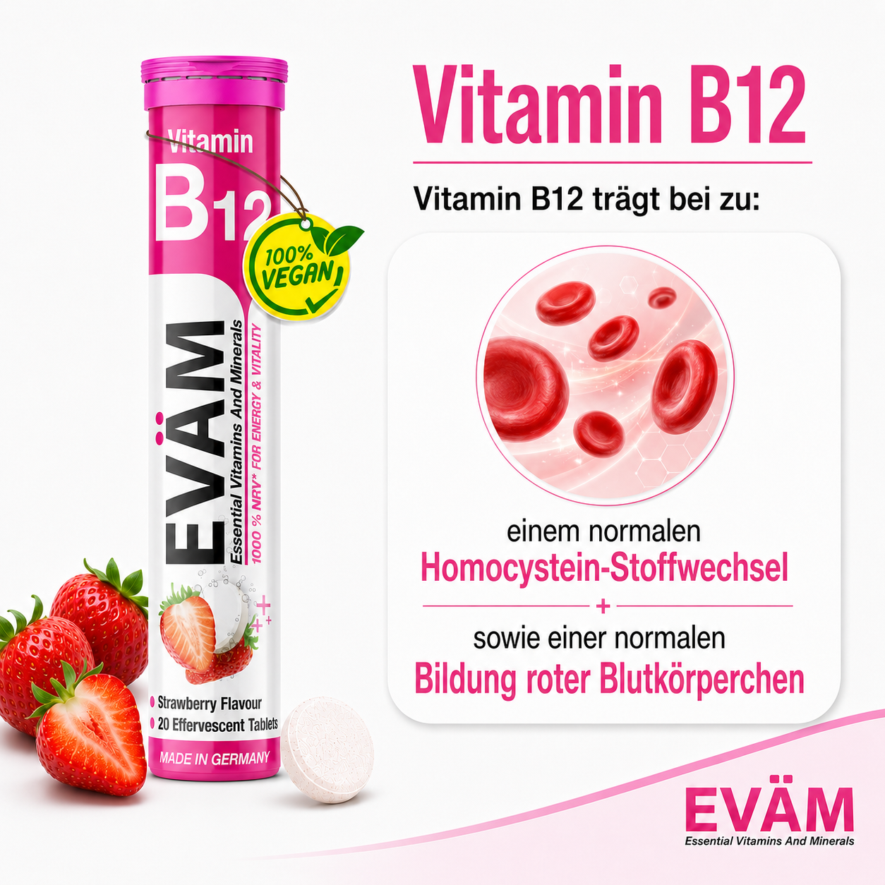 EVÄM Vitamin B12 trägt zu einem normalen Homocystein-Stoffwechsel und zur Bildung roter Blutkörperchen bei