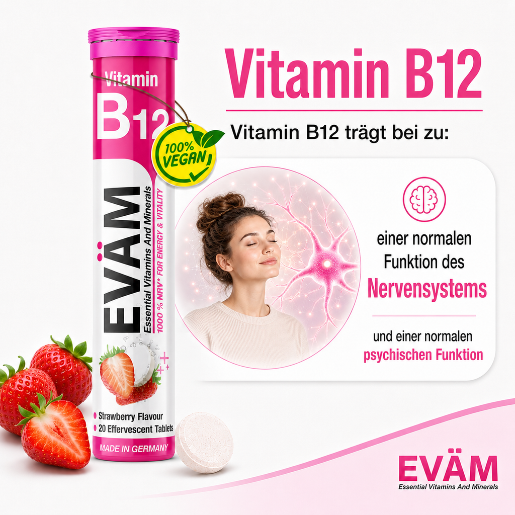 EVÄM Vitamin B12 unterstützt die normale Funktion des Nervensystems und eine normale psychische Funktion