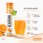 EVÄM Zinc 10 mg effervescent tablet dissolving in a glass of water with product tube and immune support design.