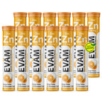Twelve tubes of EVÄM Zinc 10 mg effervescent tablets with orange flavour, vegan formula and German-made packaging.