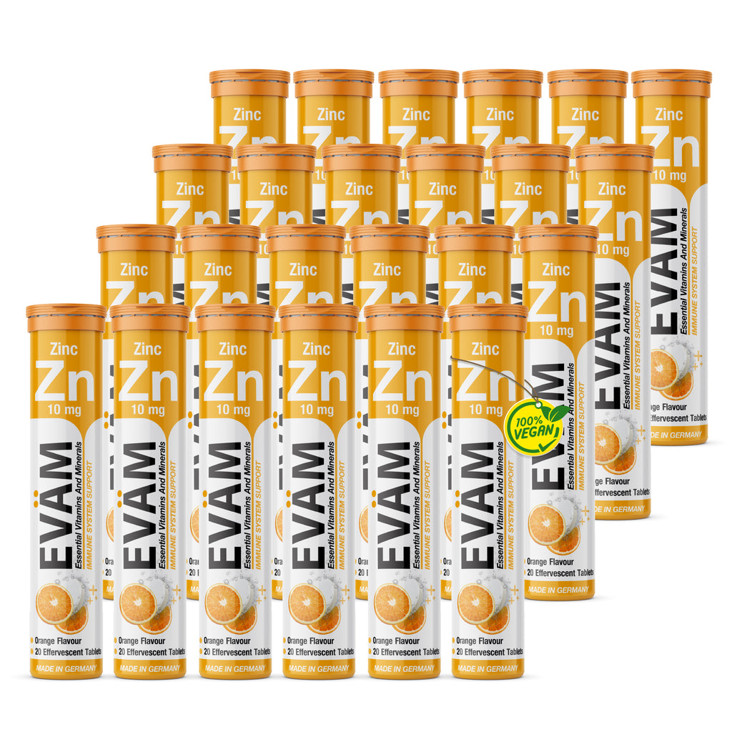 Bulk pack of 24 EVÄM Zink 10 mg orange effervescent tablet tubes, vegan food supplement made in Germany.