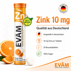 EVÄM Zink 10 mg Brausetabletten Orange Flavour, hergestellt in Deutschland, 20 Brausetabletten, 100% vegan, Qualität aus Deutschland.