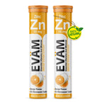 Two tubes of EVÄM Zinc 10 mg orange effervescent tablets, 20 tablets per tube, vegan and made in Germany.