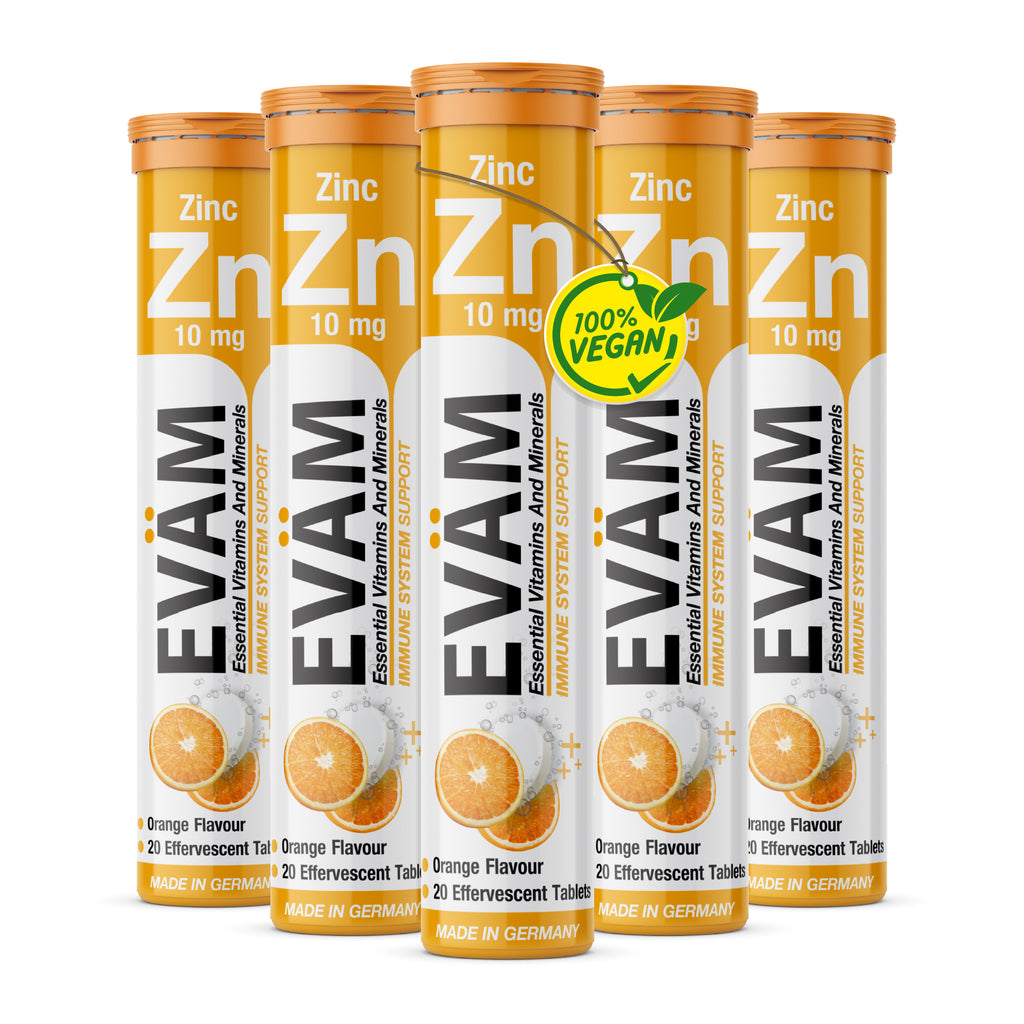 Five-pack of EVÄM Zink 10 mg orange flavour effervescent tablets, vegan supplement tubes made in Germany.