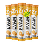 Five-pack of EVÄM Zink 10 mg orange flavour effervescent tablets, vegan supplement tubes made in Germany.