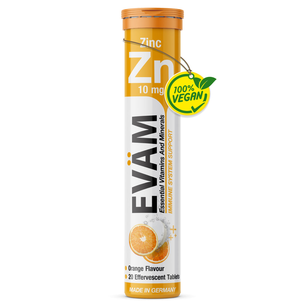 EVÄM Zink 10 mg effervescent tablets in orange flavour, single tube with 20 tablets, vegan label and Made in Germany packaging.