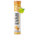 EVÄM Zink 10 mg effervescent tablets in orange flavour, single tube with 20 tablets, vegan label and Made in Germany packaging.