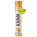 EVÄM Zink 10 mg effervescent tablets in orange flavour, single tube with 20 tablets, vegan label and Made in Germany packaging.
