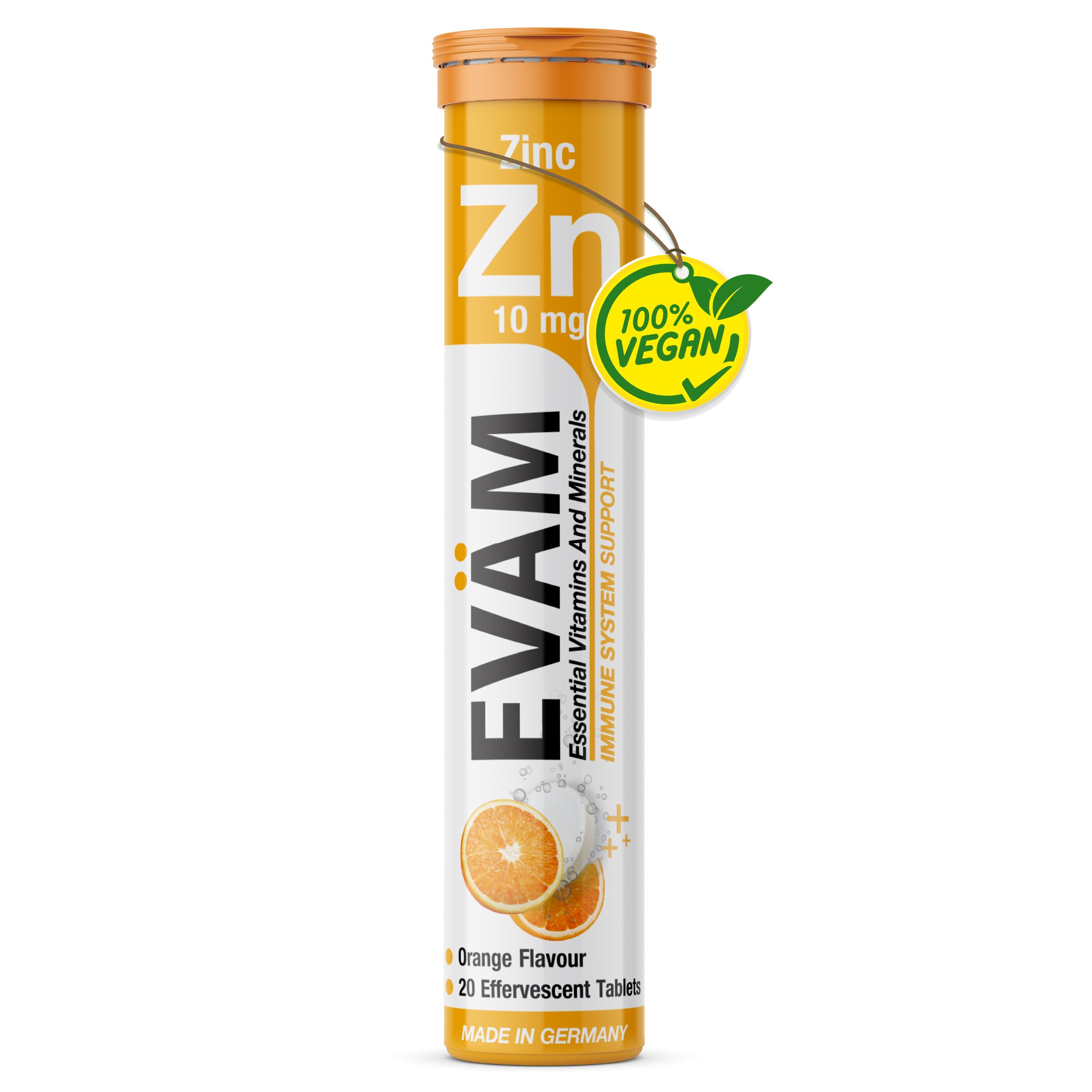 EVÄM Zink 10 mg effervescent tablets in orange flavour, single tube with 20 tablets, vegan label and Made in Germany packaging.