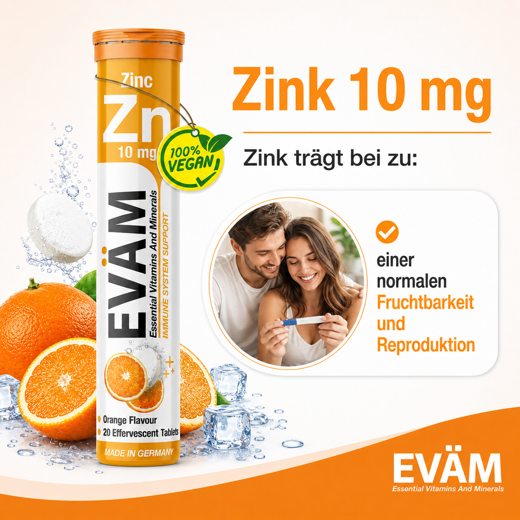 EVÄM Zink 10 mg infographic highlighting zinc contribution to normal fertility and reproduction with product tube and orange flavour visuals.