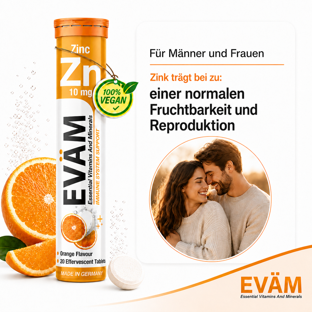 EVÄM Zink 10 mg infographic highlighting zinc contribution to normal fertility and reproduction for man or woman with product tube and orange 
