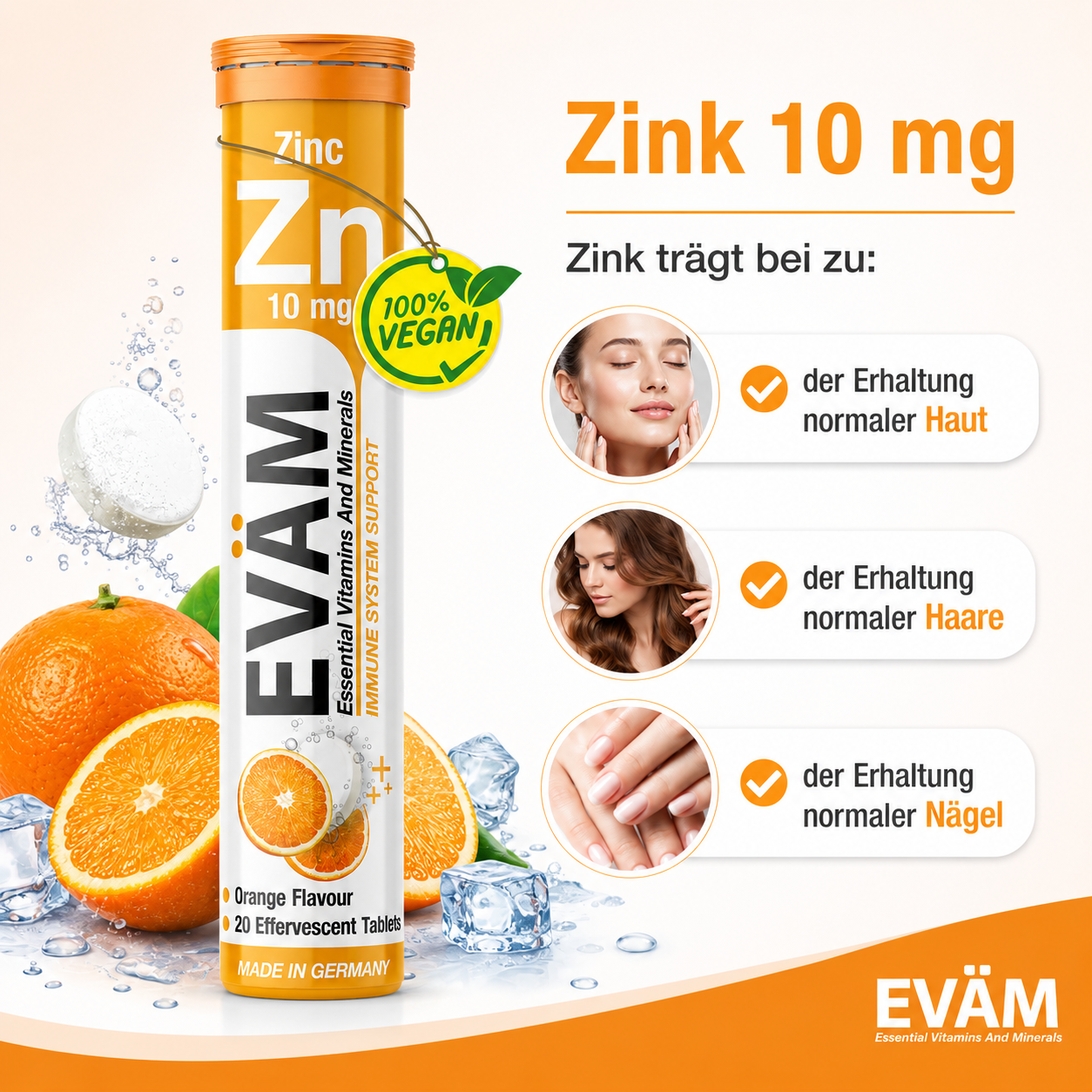 EVÄM Zink 10 mg infographic showing zinc support for normal skin, hair and nails with orange effervescent tablet product.