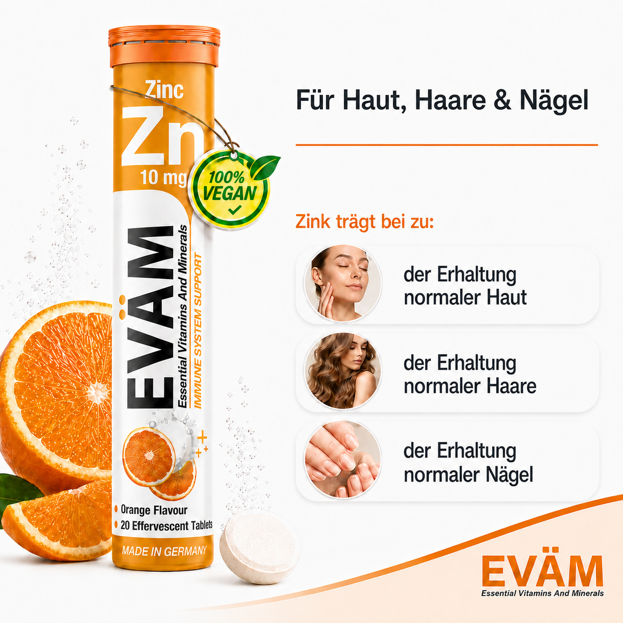 EVÄM Zink 10 mg infographic showing zinc support for normal skin, hair and nails with orange effervescent tablet product.