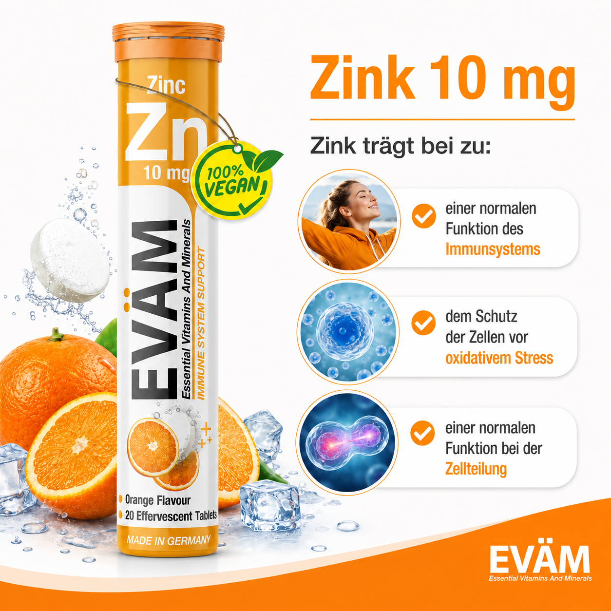 EVÄM Zink 10 mg infographic showing zinc contribution to immune system function, oxidative stress protection and cell division.