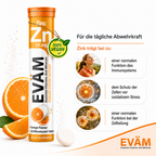EVÄM Zink 10 mg infographic showing zinc contribution to immune system function, oxidative stress protection and cell division.