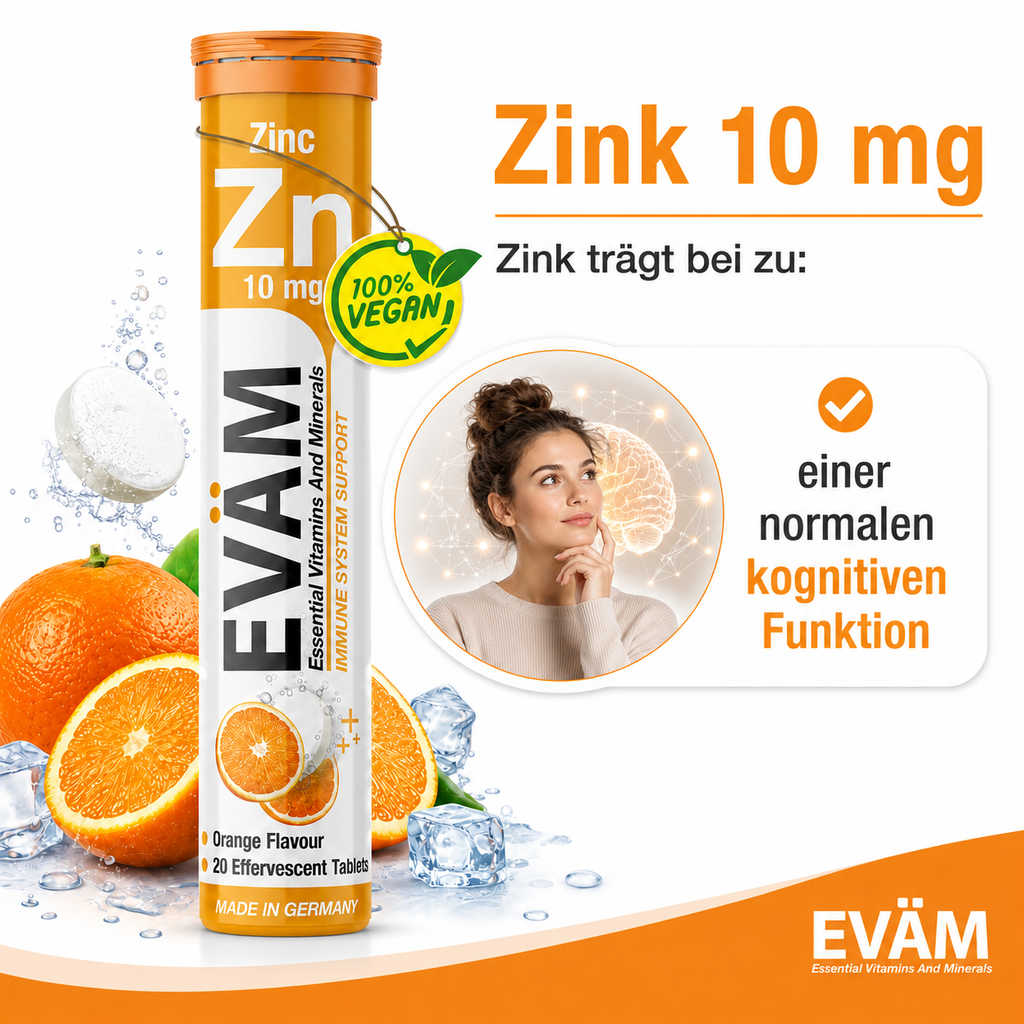 EVÄM Zink 10 mg infographic highlighting zinc contribution to normal cognitive function with orange flavour supplement tube.