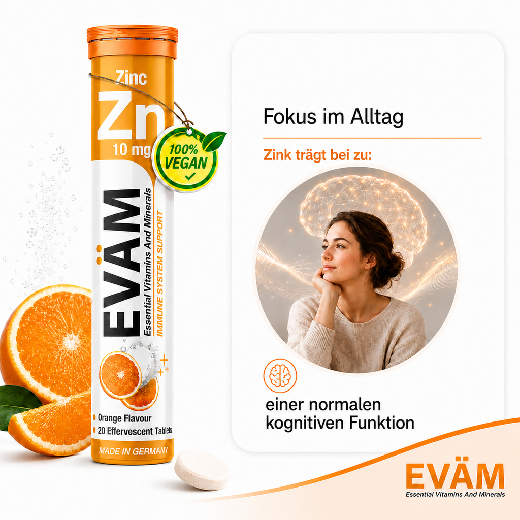 EVÄM Zink 10 mg infographic highlighting zinc contribution to normal cognitive function with orange flavour supplement tube.