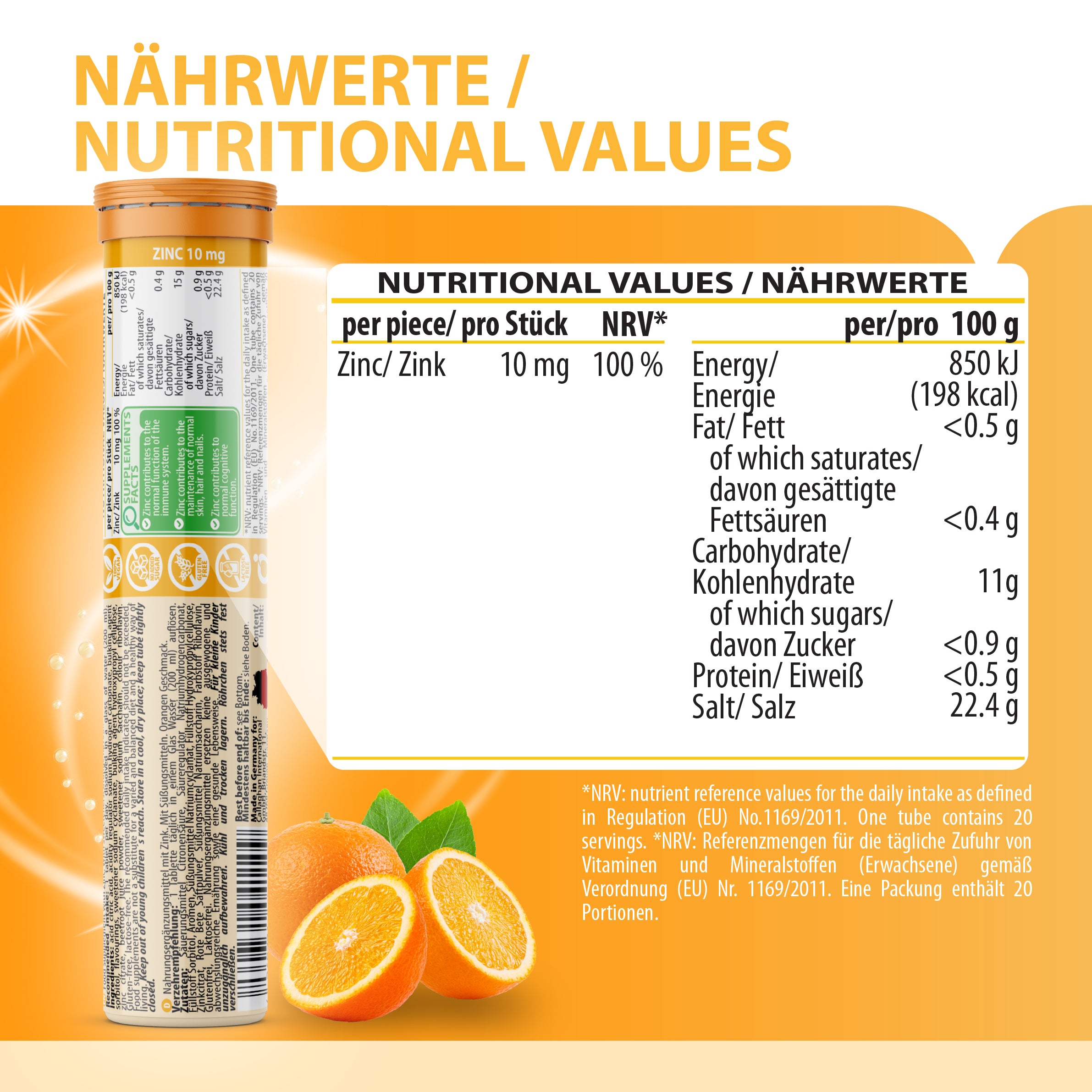 Nutritional values infographic for EVÄM Zinc 10 mg tablets showing 10 mg zinc per tablet and 100 percent NRV.