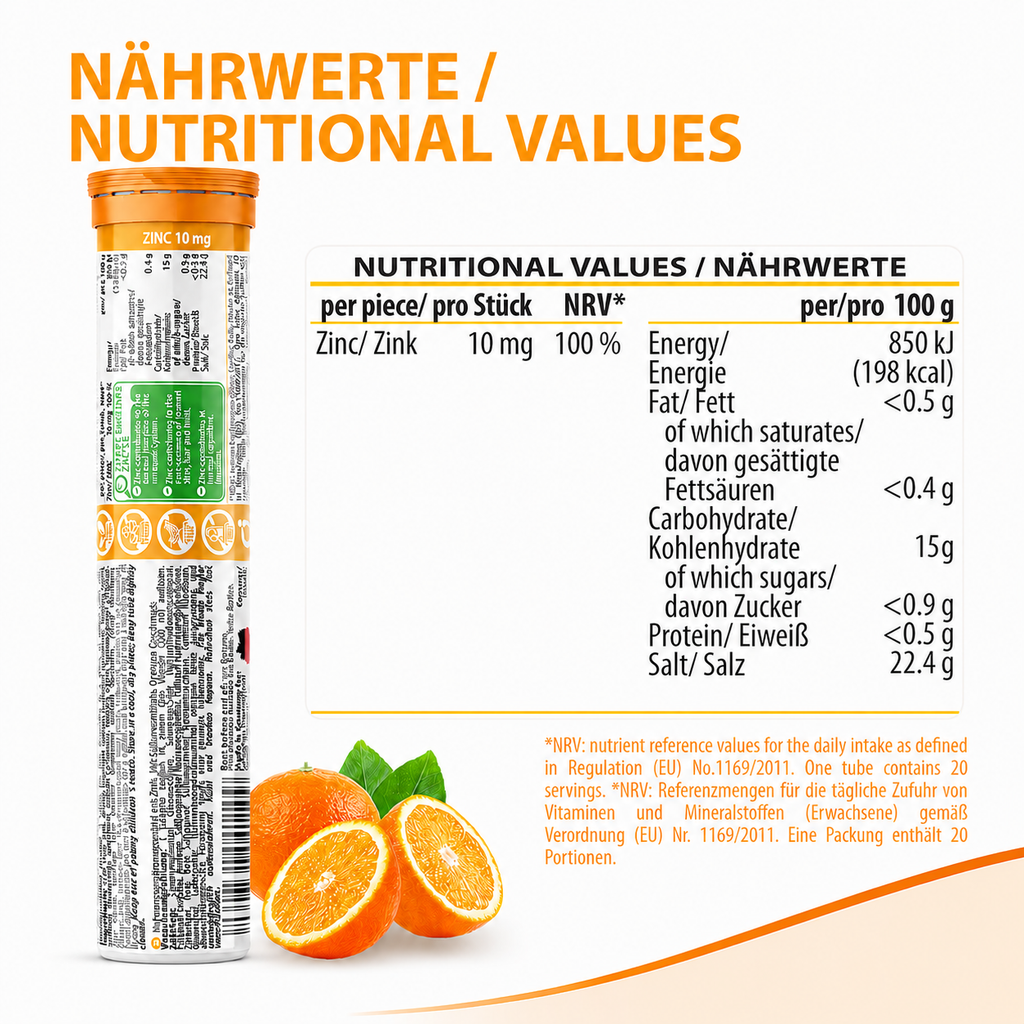 Nutritional values infographic for EVÄM Zinc 10 mg tablets showing 10 mg zinc per tablet and 100 percent NRV.