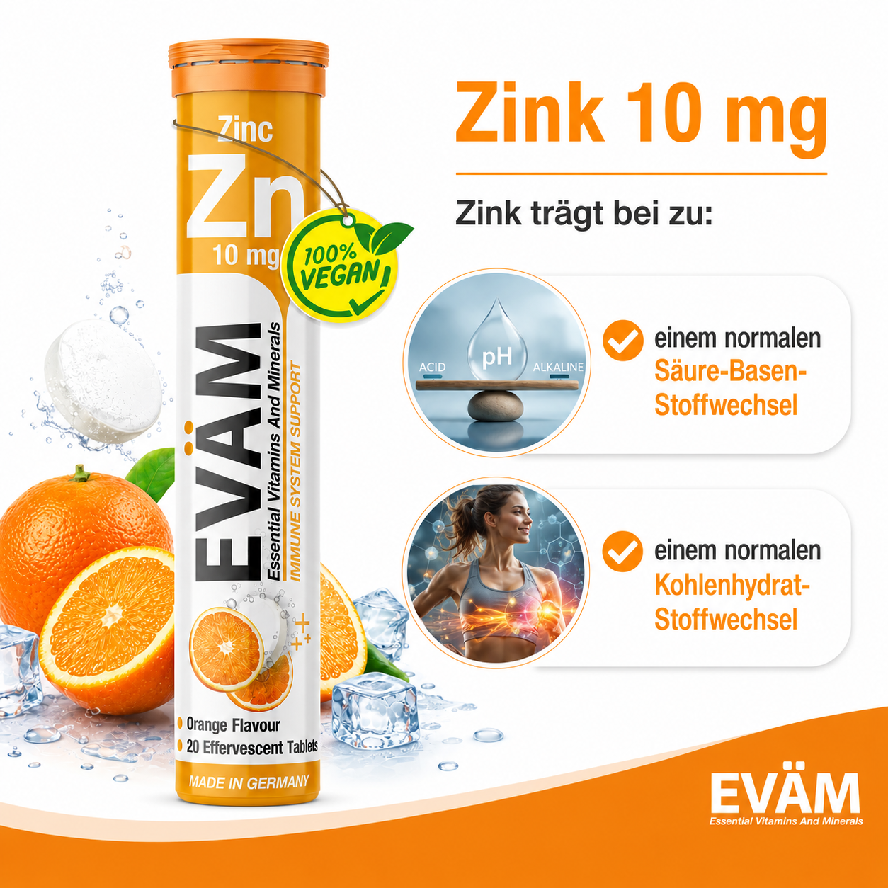 EVÄM Zink 10 mg infographic showing zinc contribution to normal acid-base metabolism and carbohydrate metabolism.