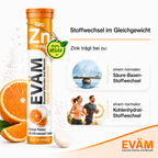 EVÄM Zink 10 mg infographic showing zinc contribution to normal acid-base metabolism and carbohydrate metabolism.