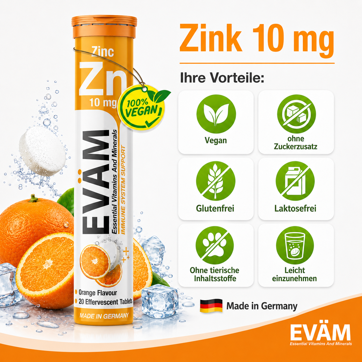 EVÄM Zink 10 mg product benefits infographic showing vegan, no added sugar, gluten-free, lactose-free and easy-to-take icons.
