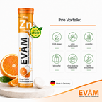 EVÄM Zink 10 mg product benefits infographic showing vegan, no added sugar, gluten-free, lactose-free and easy-to-take icons.