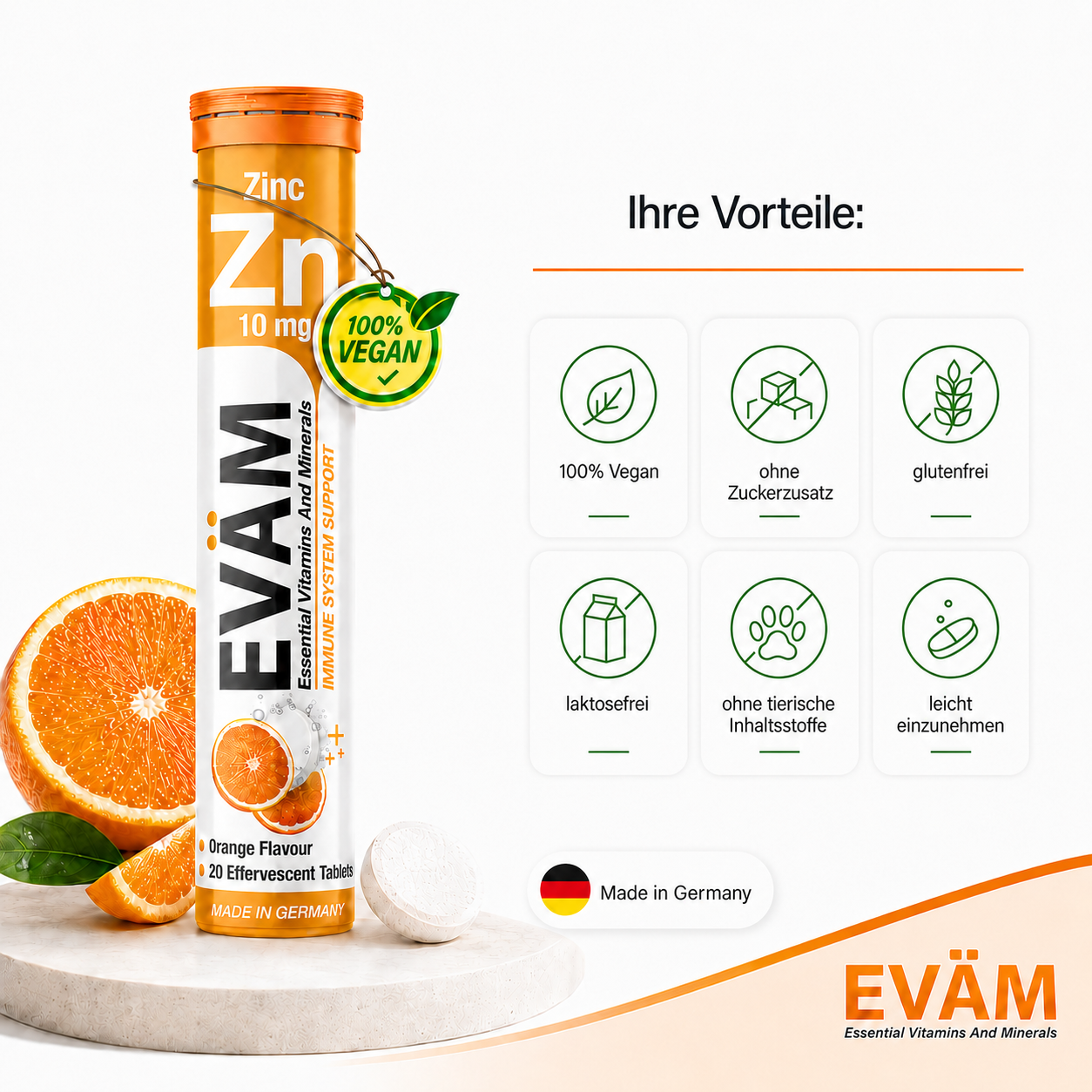 EVÄM Zink 10 mg product benefits infographic showing vegan, no added sugar, gluten-free, lactose-free and easy-to-take icons.