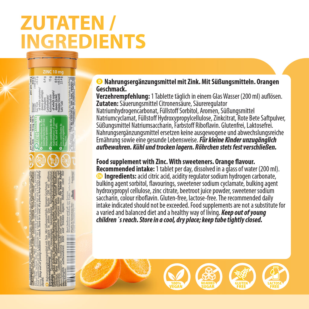 Ingredients panel for EVÄM Zink 10 mg orange effervescent tablets with German and English product information.