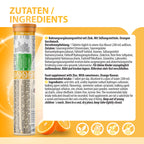 Ingredients panel for EVÄM Zink 10 mg orange effervescent tablets with German and English product information.