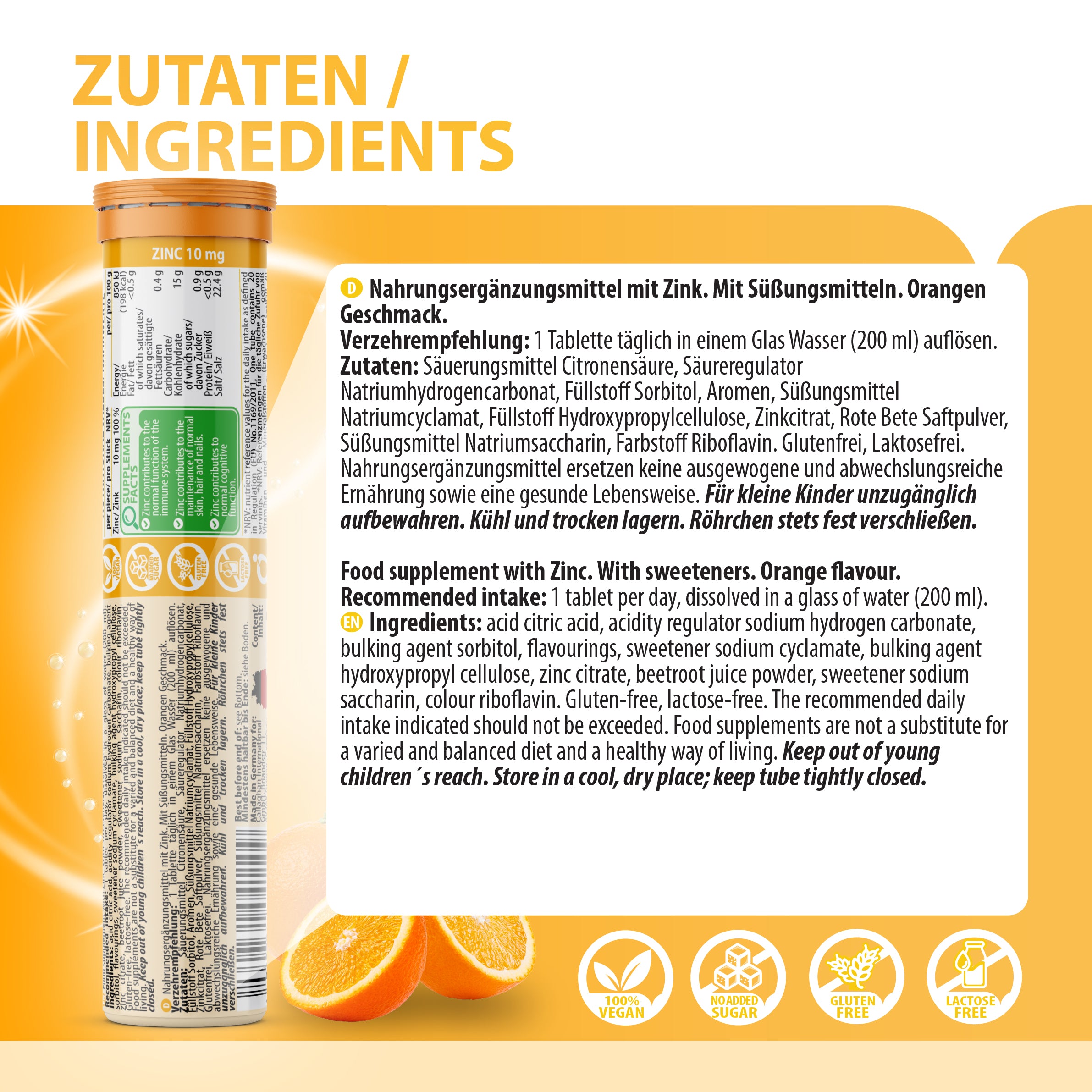 Ingredients panel for EVÄM Zink 10 mg orange effervescent tablets with German and English product information.