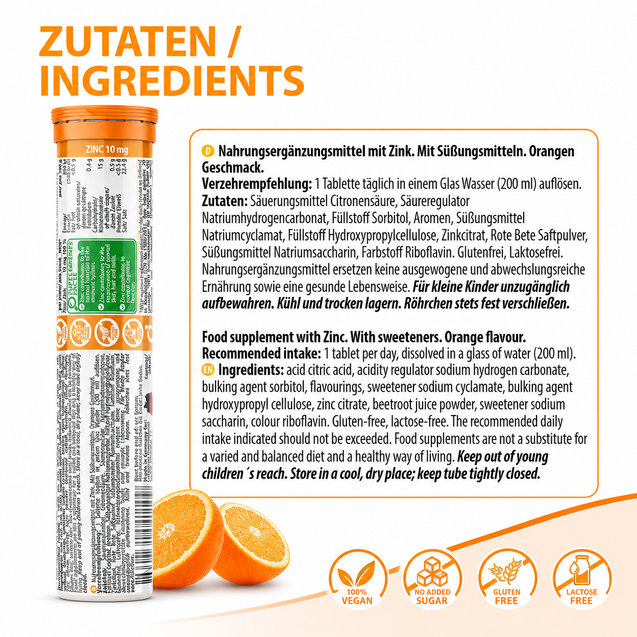 Ingredients panel for EVÄM Zink 10 mg orange effervescent tablets with German and English product information.