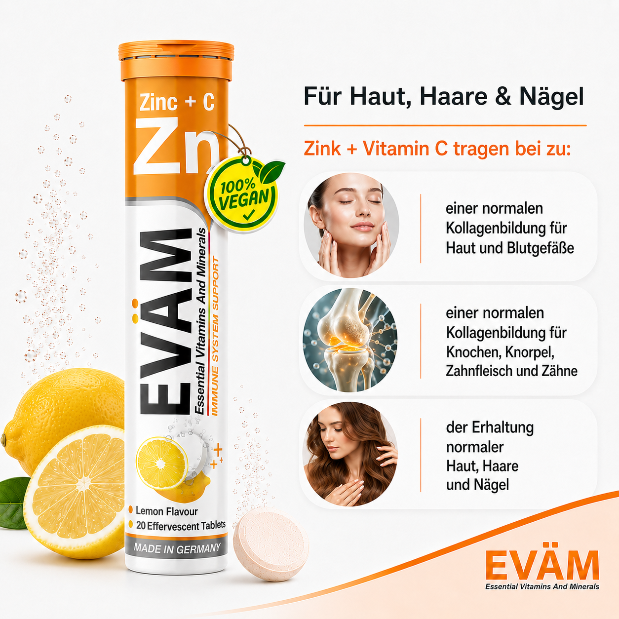 EVÄM Zink + C Brausetabletten mit Zink und Vitamin C, vegan, Zitronengeschmack, zur Unterstützung normaler Haut, Haare, Nägel und Kollagenbildung