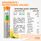 Nutritional values infographic for EVÄM Zink + Vitamin C tablets showing 3.33 mg zinc and 400 mg vitamin C per tablet.