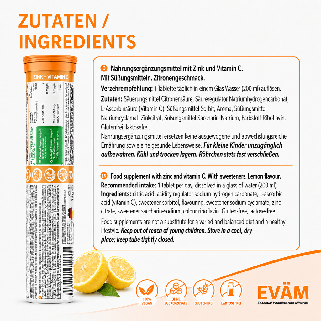 Ingredients panel for EVÄM Zink + Vitamin C lemon effervescent tablets with German and English product information.
