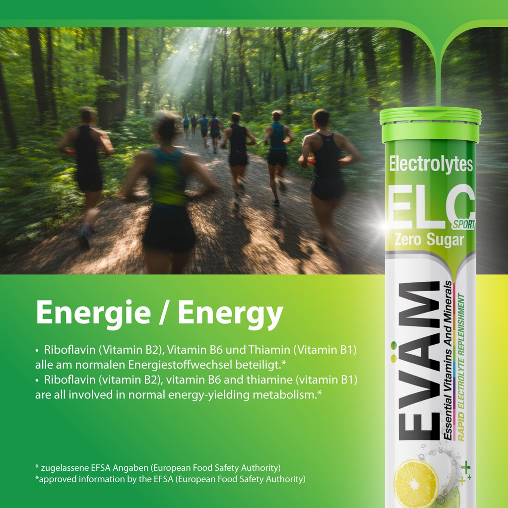 EVÄM Elektrolyte Sport Active – Thiamin, Riboflavin und Vitamin B6 tragen zu einem normalen Energiestoffwechsel bei