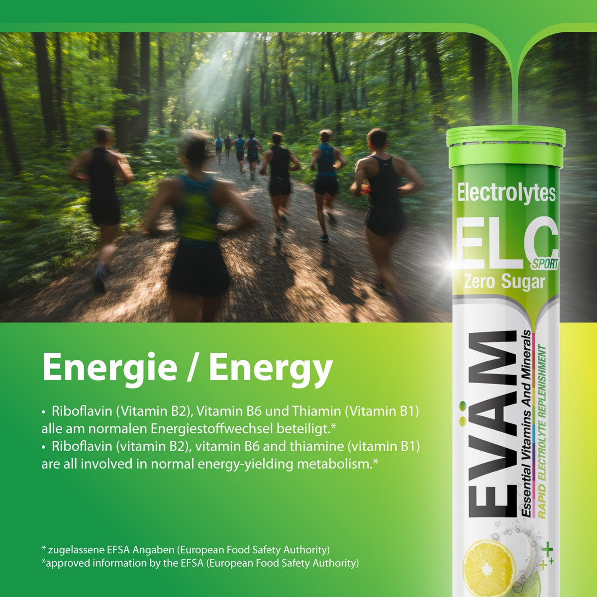 EVÄM Elektrolyte Sport Active – Thiamin, Riboflavin und Vitamin B6 tragen zu einem normalen Energiestoffwechsel bei