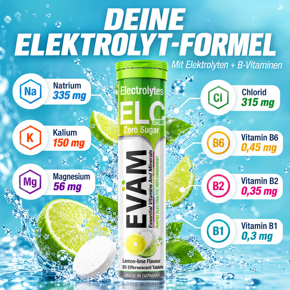 EVÄM Elektrolyte Sport Active – Nährstoffe je Brausetablette: Natrium 335 mg, Kalium 150 mg, Magnesium 56 mg, Chlorid 315 mg, Vitamin B6 0,45 mg, Vitamin B2 0,35 mg, Vitamin B1 0,3 mg