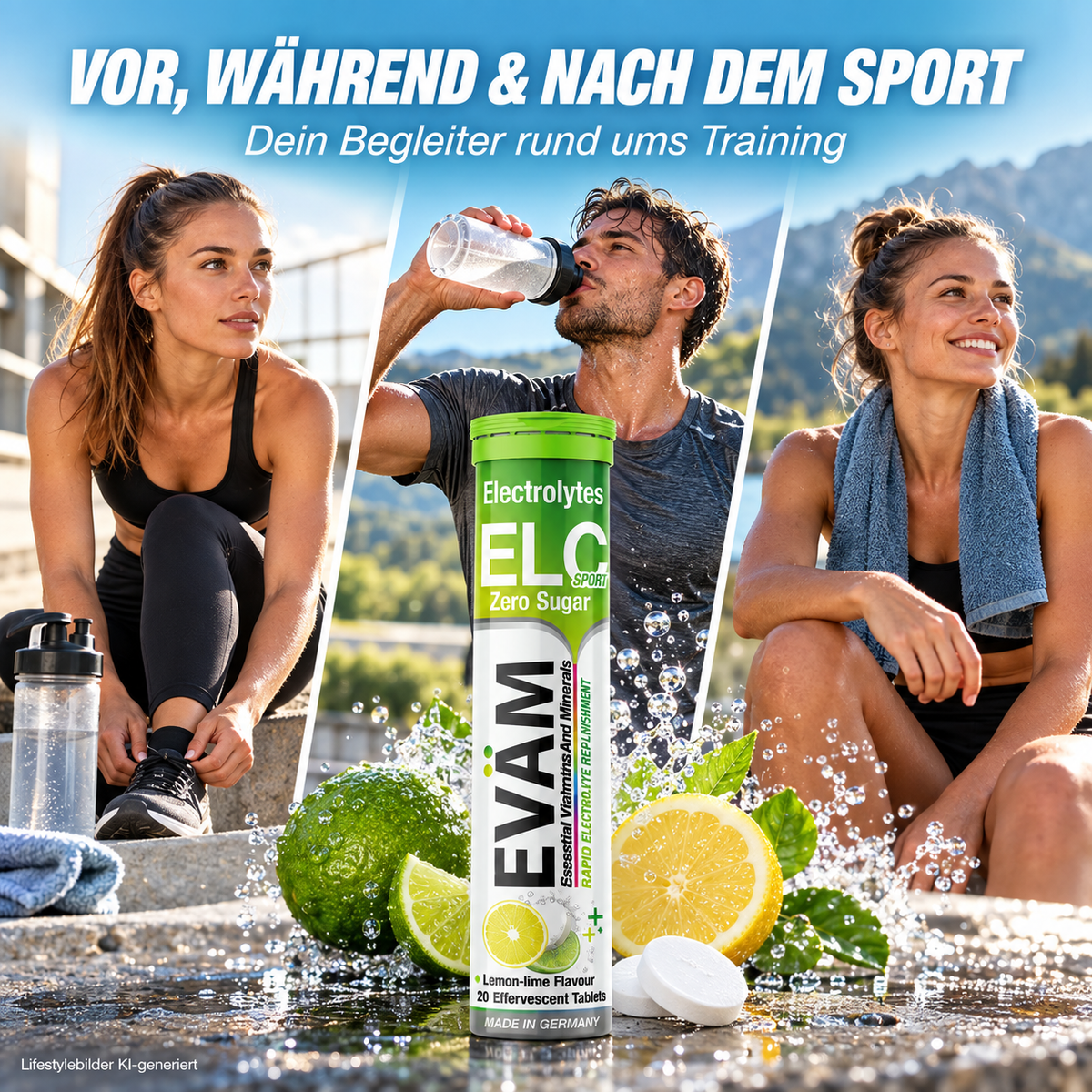 KI-generiertes Lifestylebild: EVÄM Elektrolyte Sport Active vor, während und nach dem Sport